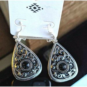 Scroll Design Black Accent Stone Western Dangle Drop Hook Earrings Trendy